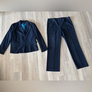 VTG Larry Levine Suit 2PC Set Pants Blazer Blue Stripe Women 18 Office See Below